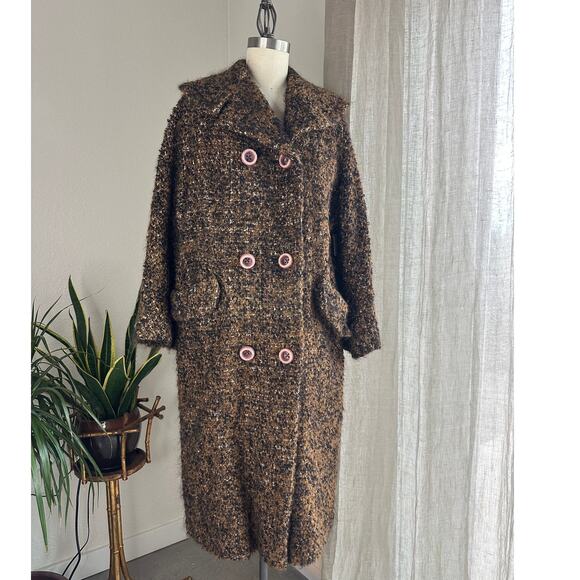 Jacqueline’s Ferrar of California Women's Large Coat Brown Black Tweed Longline - Picture 1 of 5